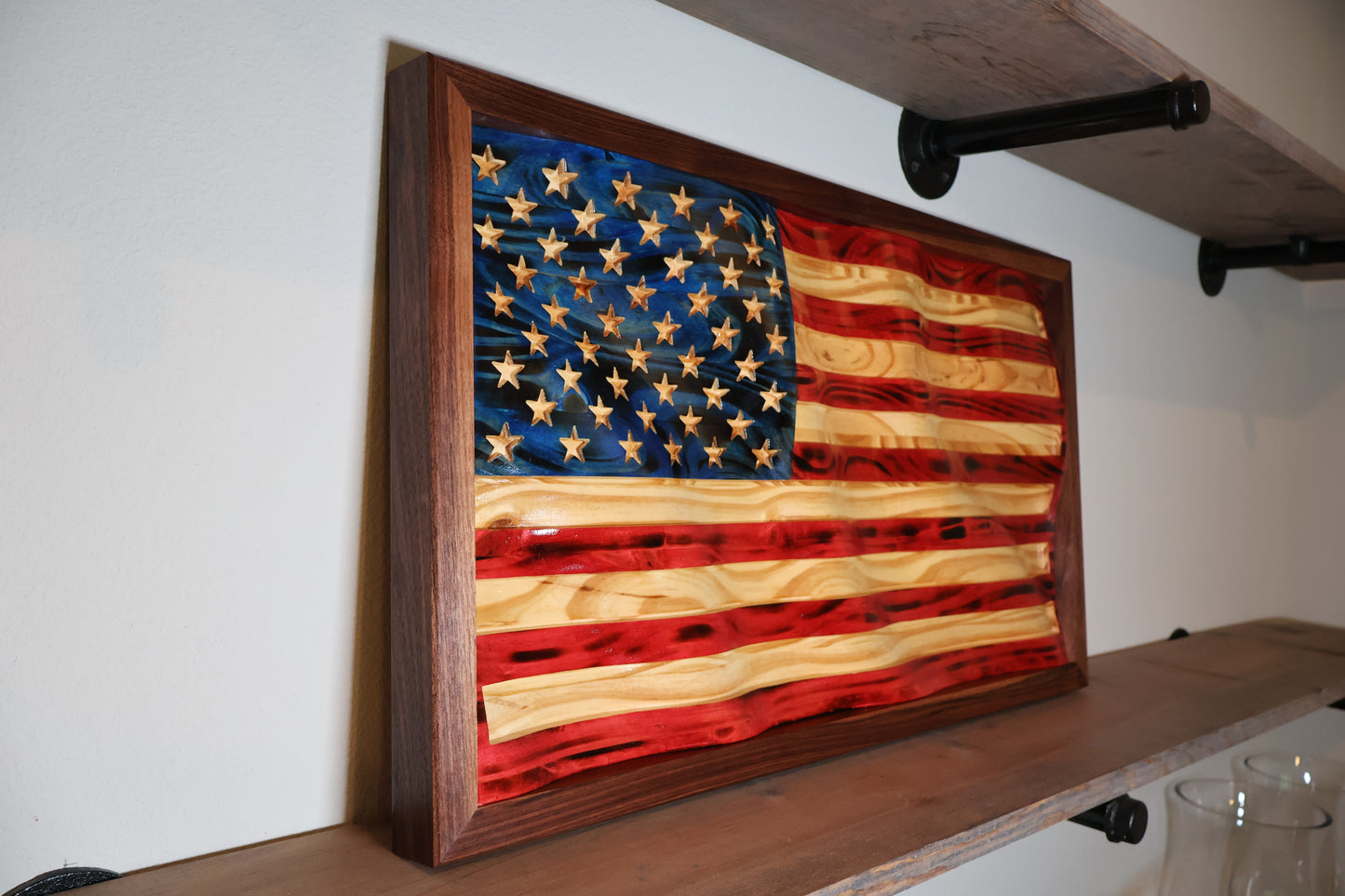 American Flag Wavy Wall Art with Premium Walnut Frame 14" x 26"